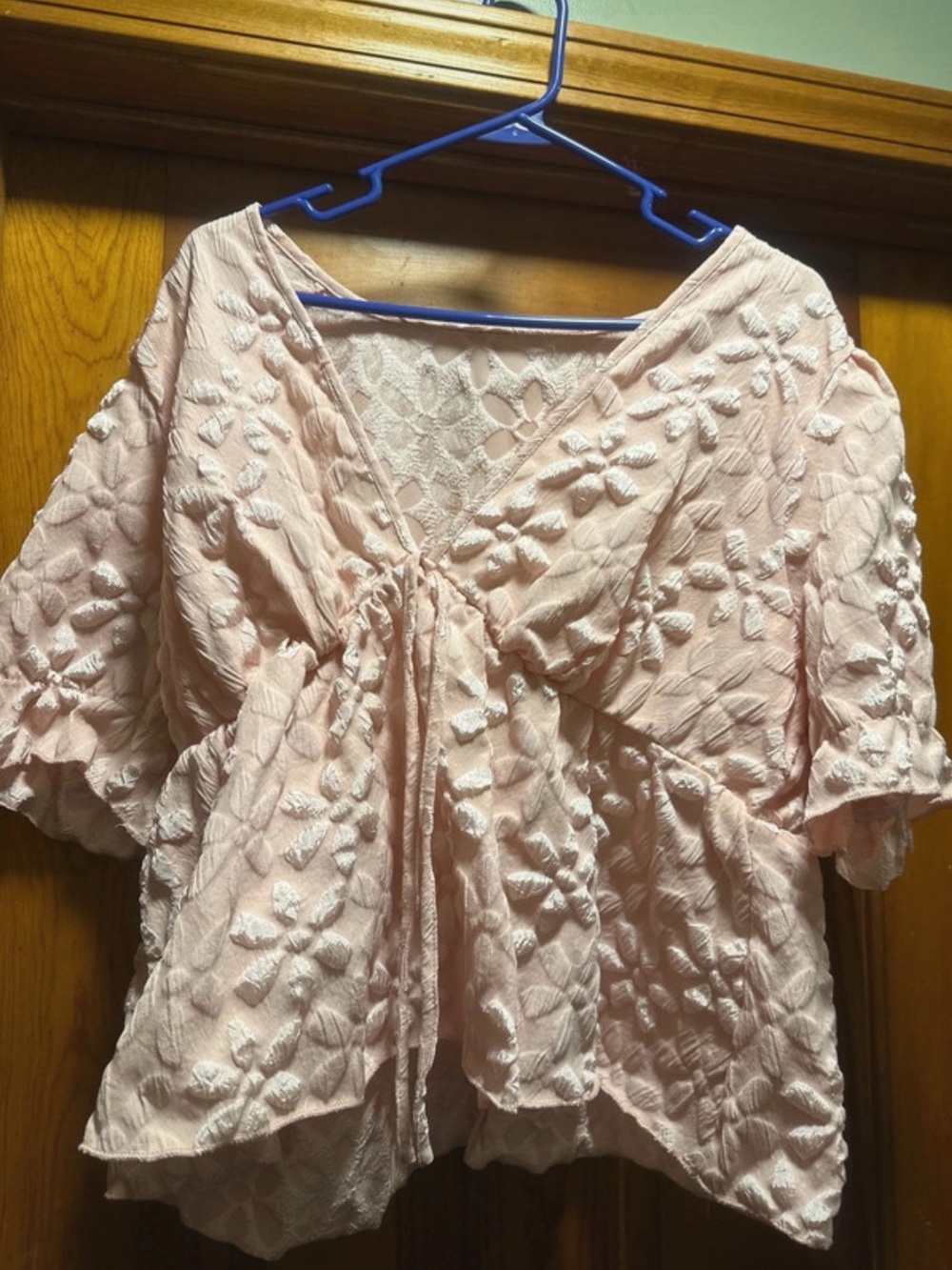 SHEIN Light Pink Floral Embroidered Tie-Front Peasant Blouse